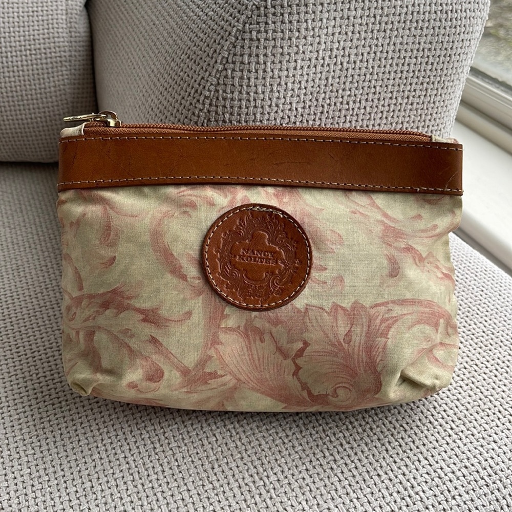 Nancy Koltes Floral Canvas Leather Pouch Makeup Bag Italian Vintage